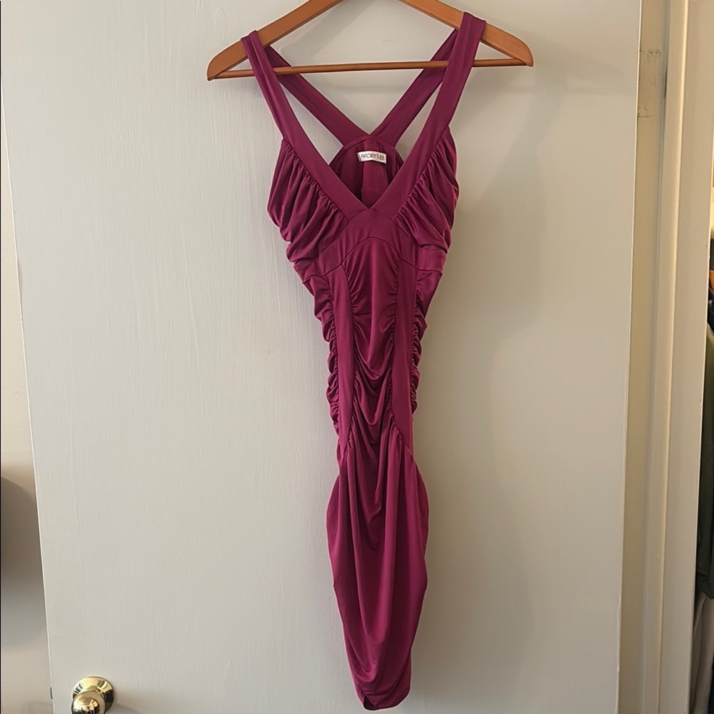 Arden B Ruched V-Neck Plum Midi Dress
